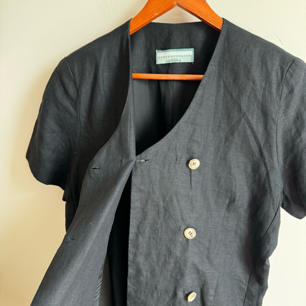 Simons Vintage Contemoraine Black Midi 100% Linen Dress Size 12 Double Buttons - Picture 7 of 11